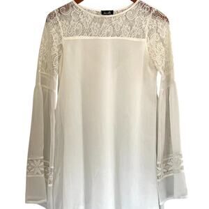 dee elle White Baby Doll Lace Bell Sleeve Boho / Coquette Mini Dress/Tunic, XS